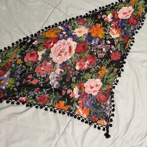 Vintage Triangular Black Floral Scarf with Black Beaded Trim